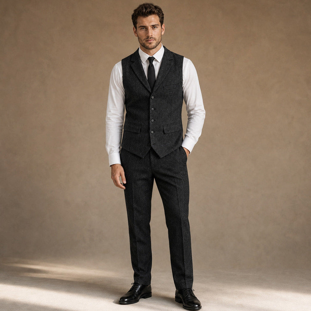 Bensor | Weste Fischgrat-Tweed in Schwarz – Premium Editorial