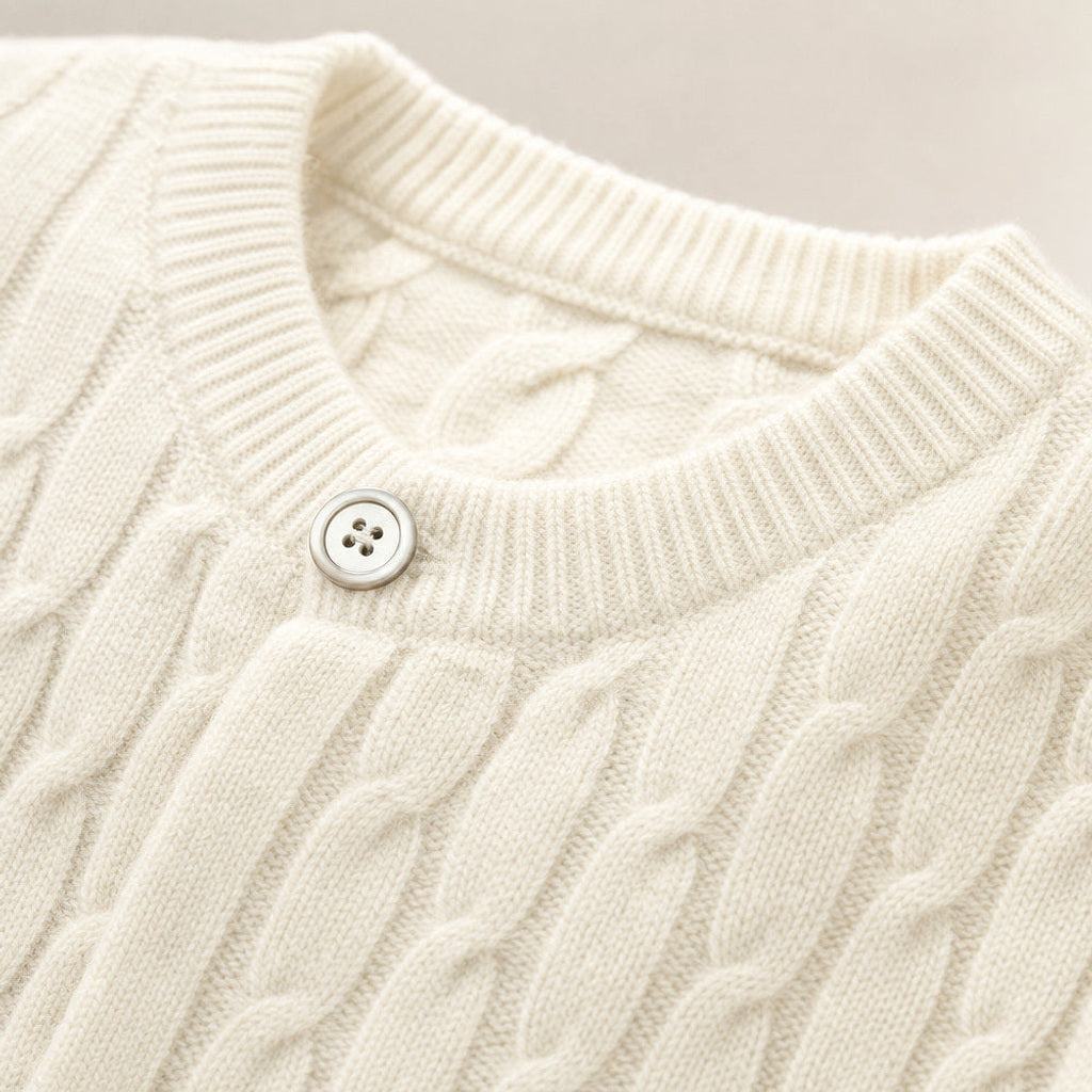 Bernd | Strickjacke Zopfmuster Knopfleiste Elfenbein – Stoff- und Detailaufnahme
