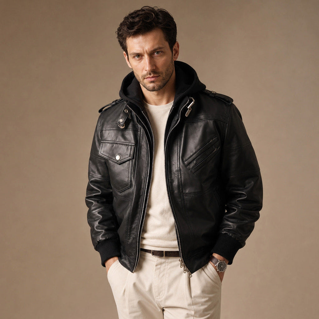 Bertram | Lederjacke Bomber mit abnehmbarer Kapuze – Produktfoto