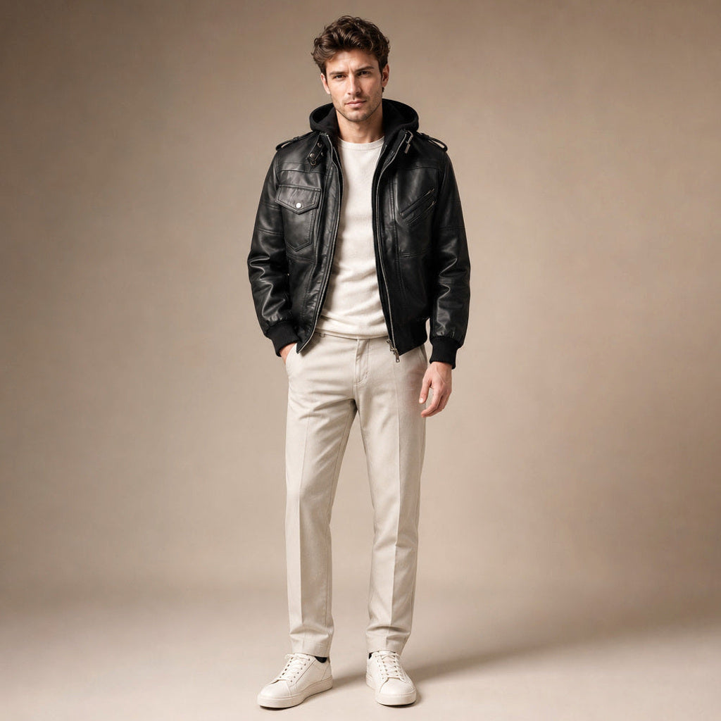 Bertram | Lederjacke Bomber mit abnehmbarer Kapuze – Produktfoto