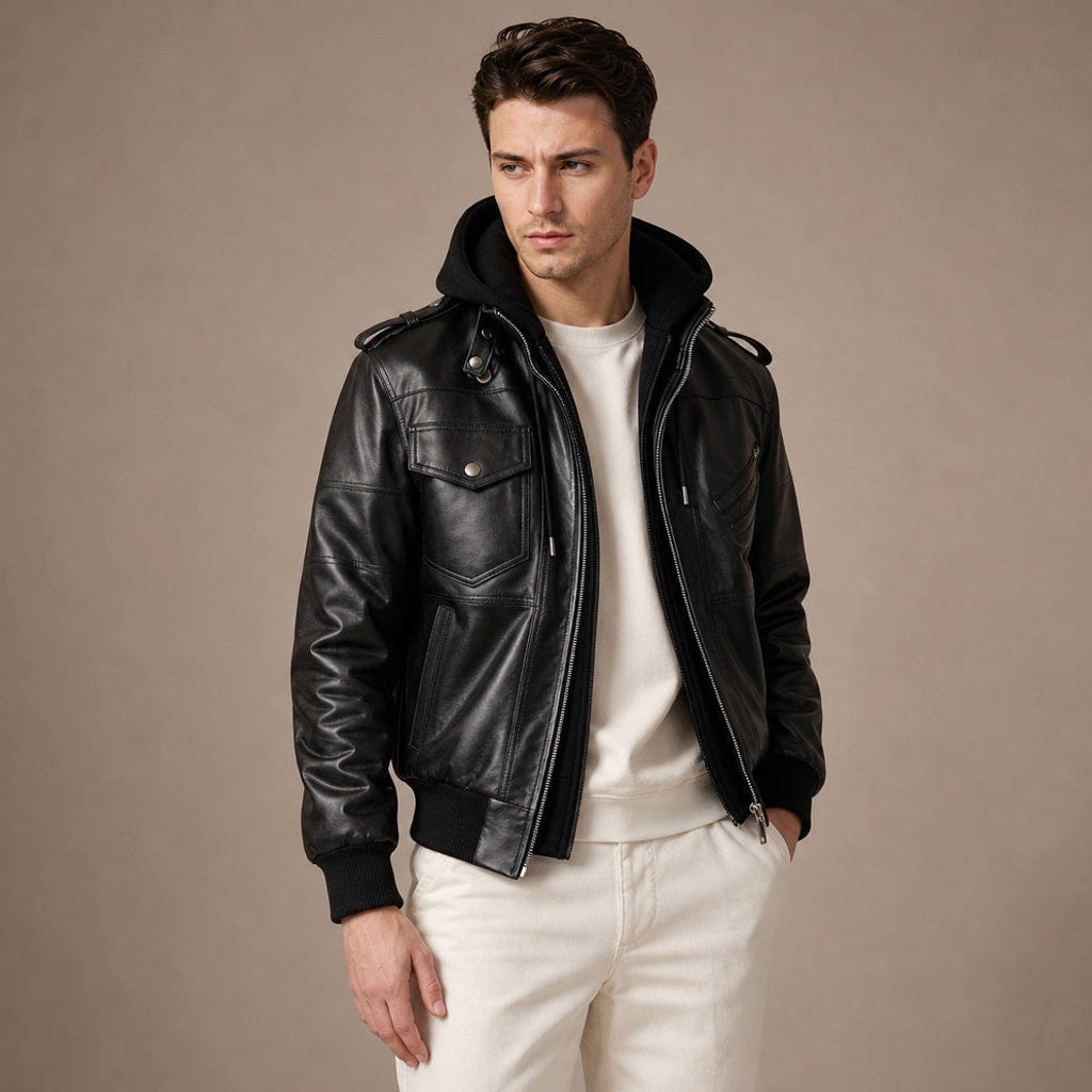 Bertram | Lederjacke Bomber mit abnehmbarer Kapuze – Produktfoto
