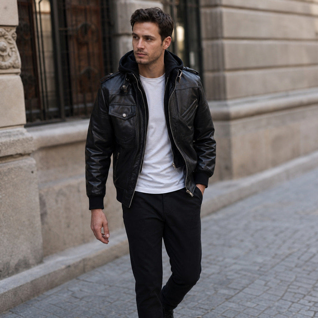 Bertram | Lederjacke Bomber mit abnehmbarer Kapuze – Produktfoto