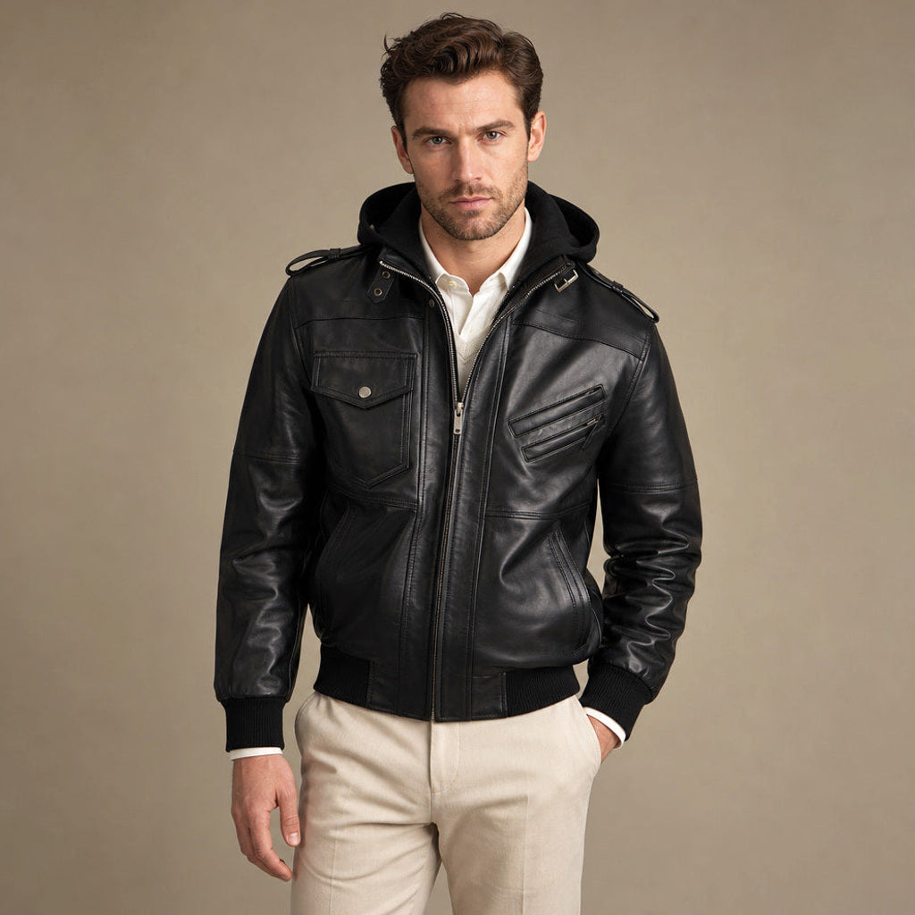 Bertram | Lederjacke Bomber mit abnehmbarer Kapuze – Produktfoto