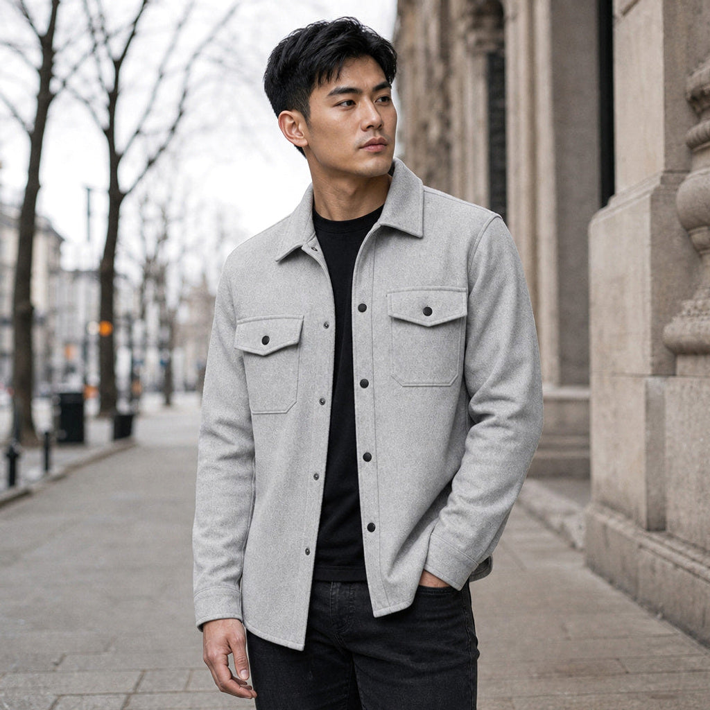 Bleron | Overshirt-Jacke Brushed Relaxed Fit Grau – Gestyltes Editorial-Foto