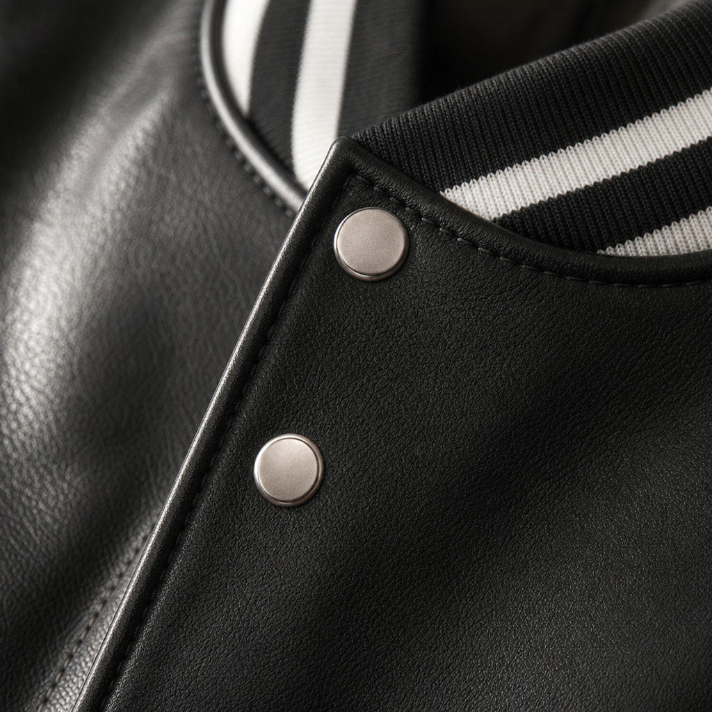 Bodo | Lederjacke im College-Stil Schwarz-Weiß – Stoff- und Detailaufnahme