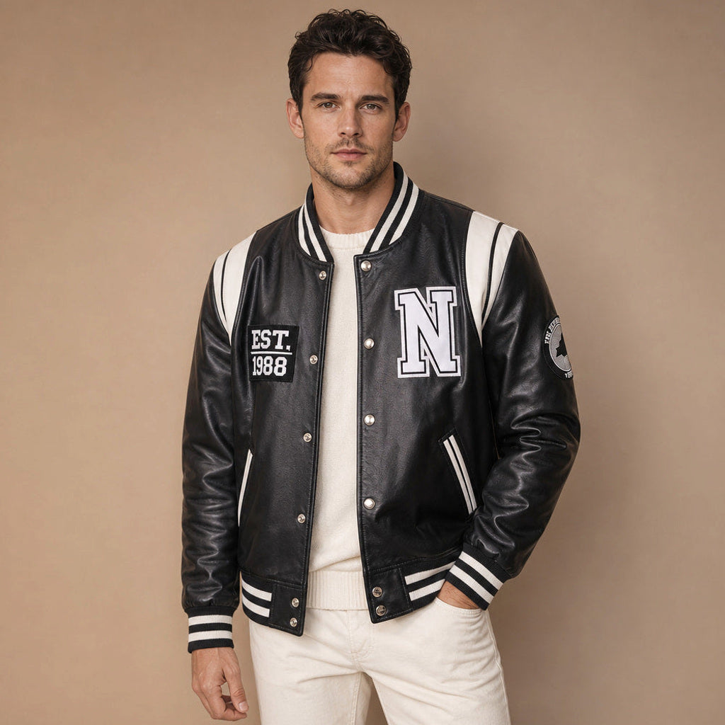 Bodo | Lederjacke im College-Stil Schwarz-Weiß – Produktfoto