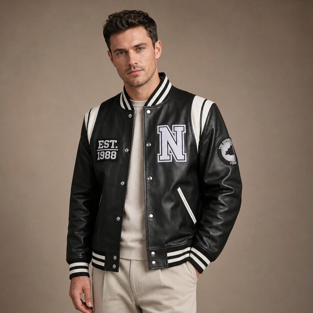 Bodo | Lederjacke im College-Stil Schwarz-Weiß – Premium Editorial