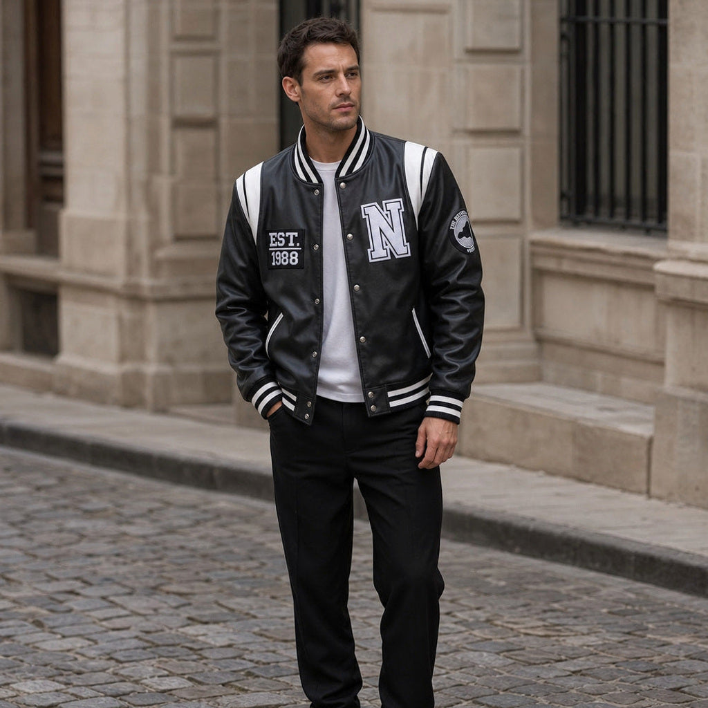 Bodo | Lederjacke im College-Stil Schwarz-Weiß – Gestyltes Editorial-Foto