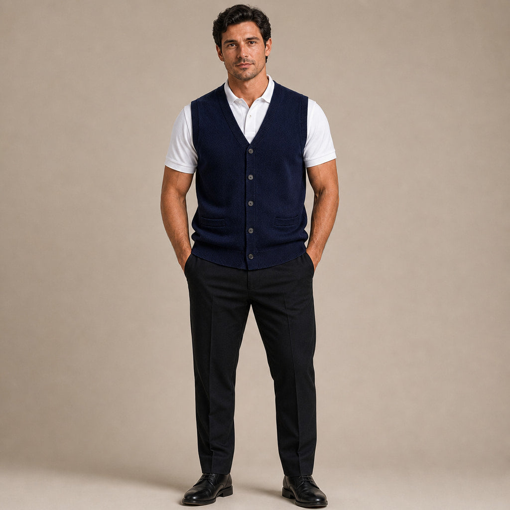 Sweater Vest V-Neck Button-Up Knit in Navy – Enzaco Premium Menswear