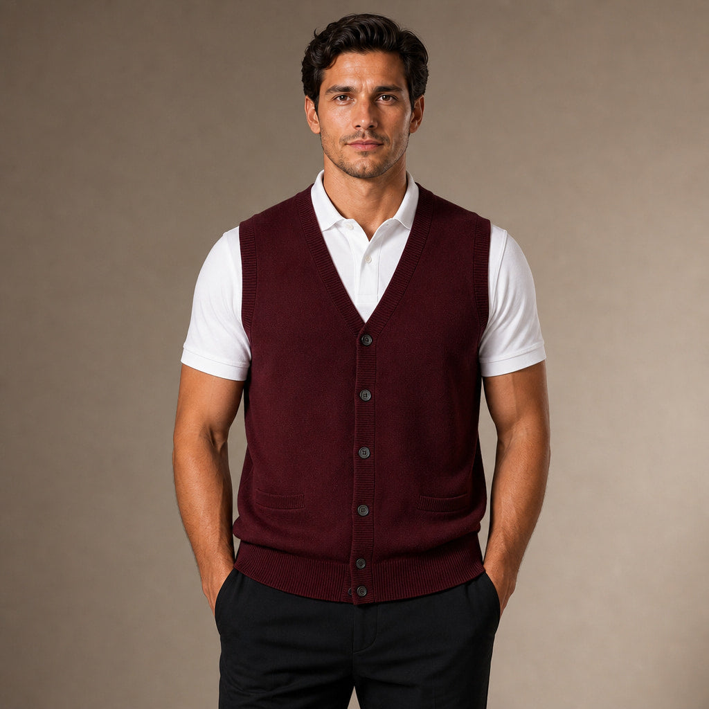 Sweater Vest V-Neck Button-Up Knit in Wine – Enzaco Premium Menswear