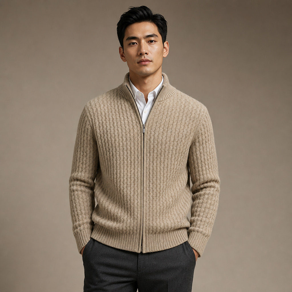 Cardigan Zip Neck Textured Knit in Beige – Enzaco Premium Menswear