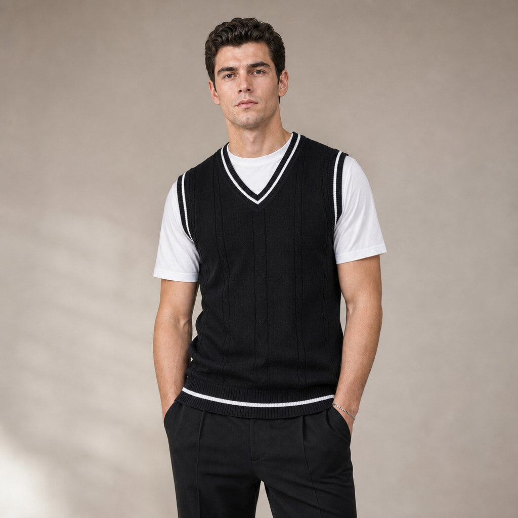 Sweater Vests V-Neck Patchwork Knit Slim Fit in Black – Enzaco Premium Menswear