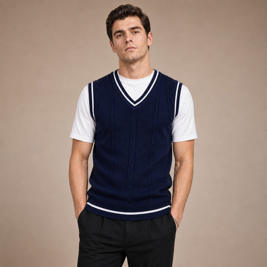 Sweater Vests V-Neck Patchwork Knit Slim Fit in Navy – Enzaco Premium Menswear
