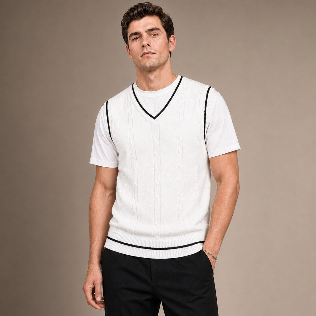 Sweater Vests V-Neck Patchwork Knit Slim Fit in White – Enzaco Premium Menswear