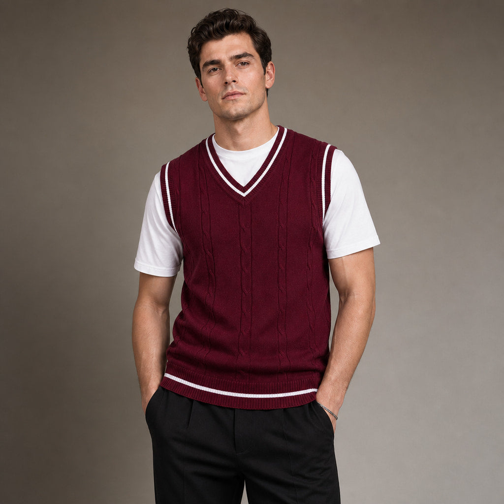 Sweater Vests V-Neck Patchwork Knit Slim Fit in Wine – Enzaco Premium Menswear