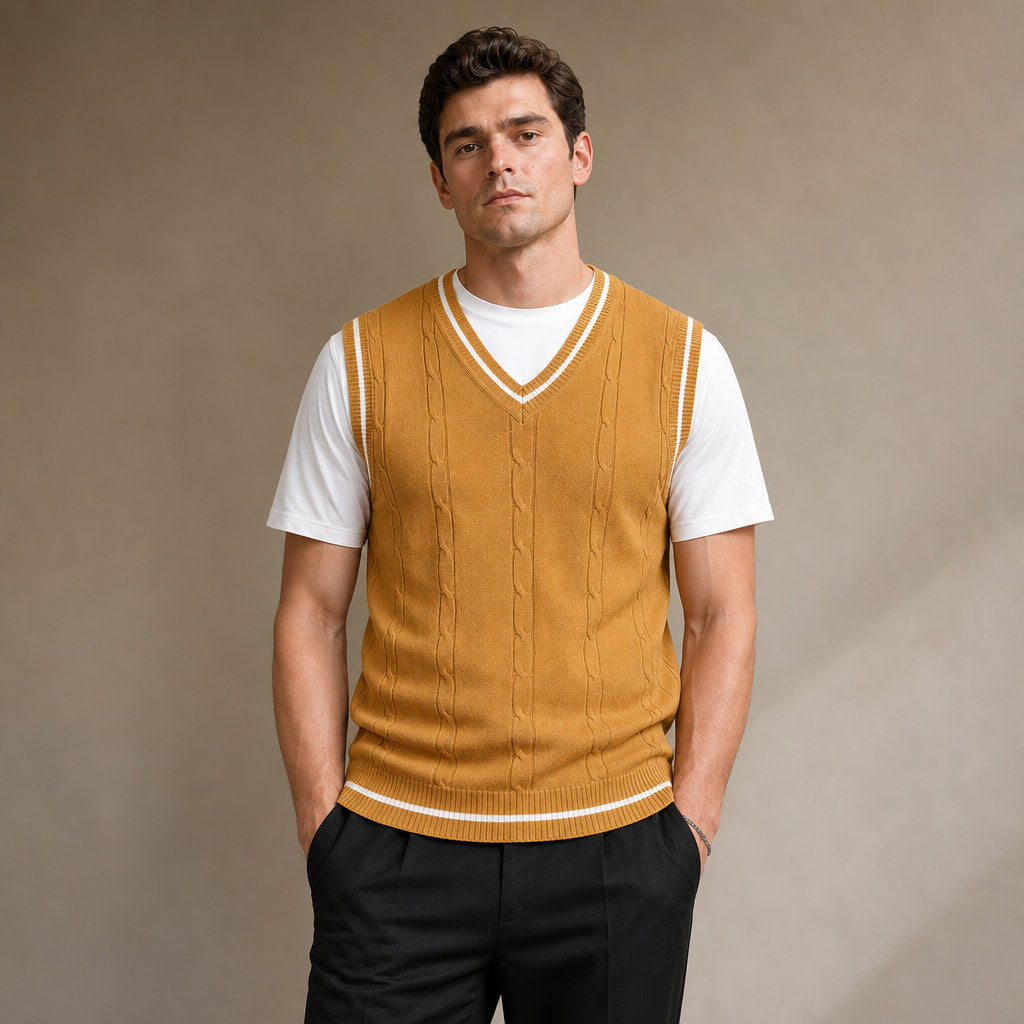 Sweater Vests V-Neck Patchwork Knit Slim Fit in Yellow – Enzaco Premium Menswear