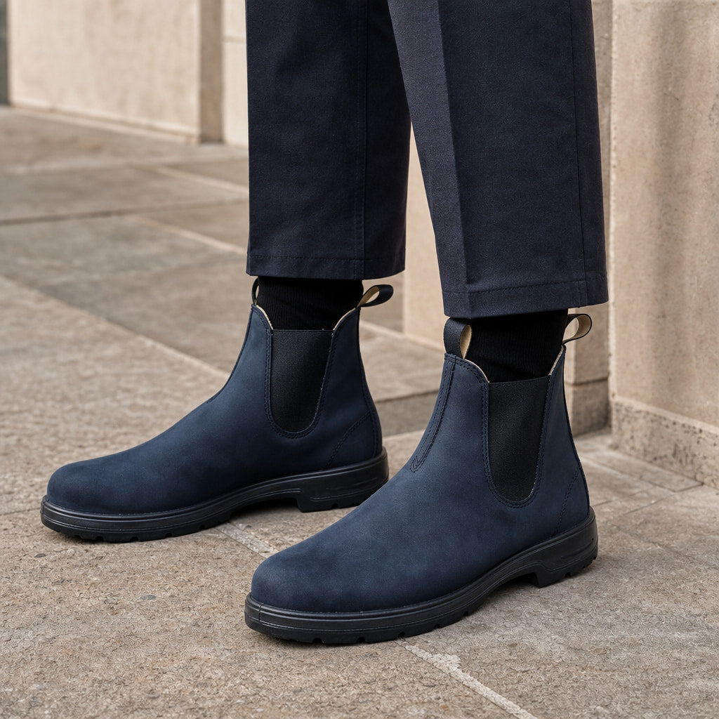 Leather Chelsea Boots Slip On Blue – Side Angle View