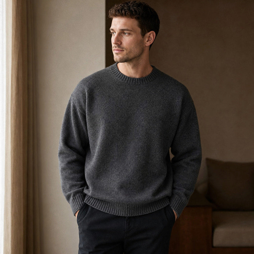 Branimir | Grobstrickpullover Rippstrick Dunkelgrau – Gestyltes Editorial-Foto