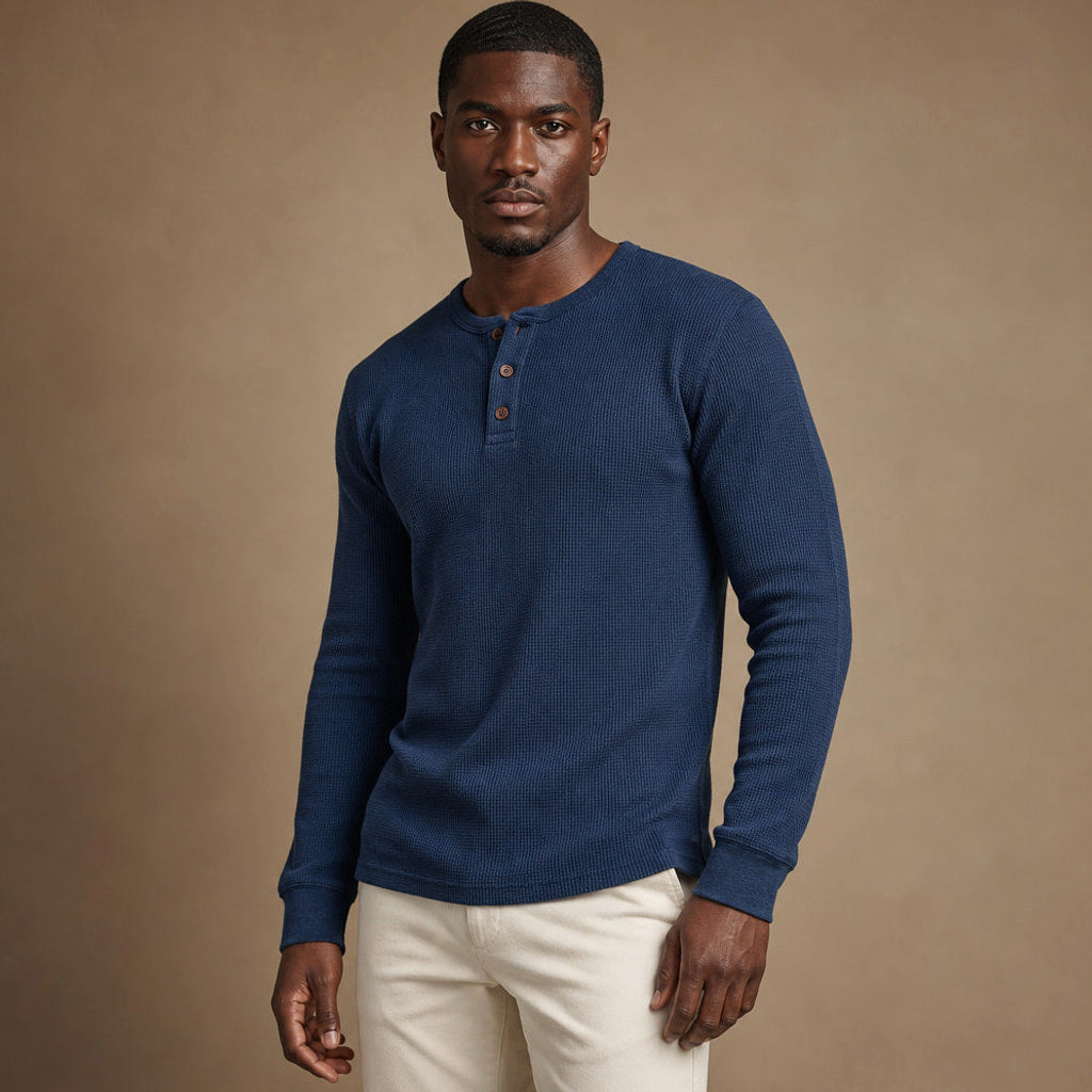 Brimax | Henley Waffelstrick Langarm Blau – Seitenansicht