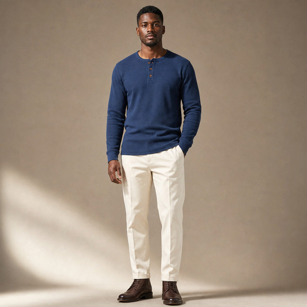 Brimax | Henley Waffelstrick Langarm Blau – Gesamtlook