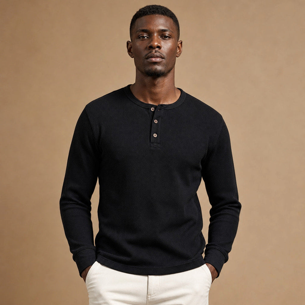 Brimax | Henley Waffelstrick Langarm in Schwarz – Premium Editorial