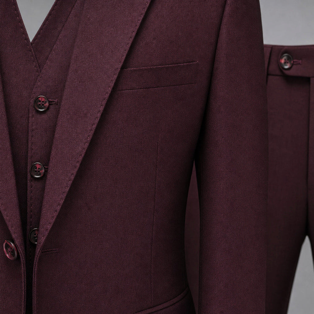 Maxim | Anzug Dreiteilig Bordeaux Bordeaux – Stoff- und Detailaufnahme