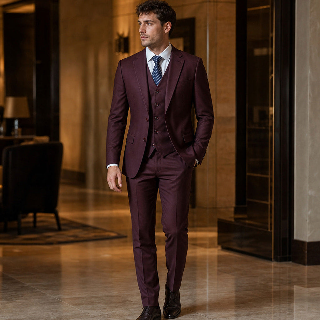 Maxim | Anzug Dreiteilig Bordeaux Bordeaux – Gestyltes Editorial-Foto