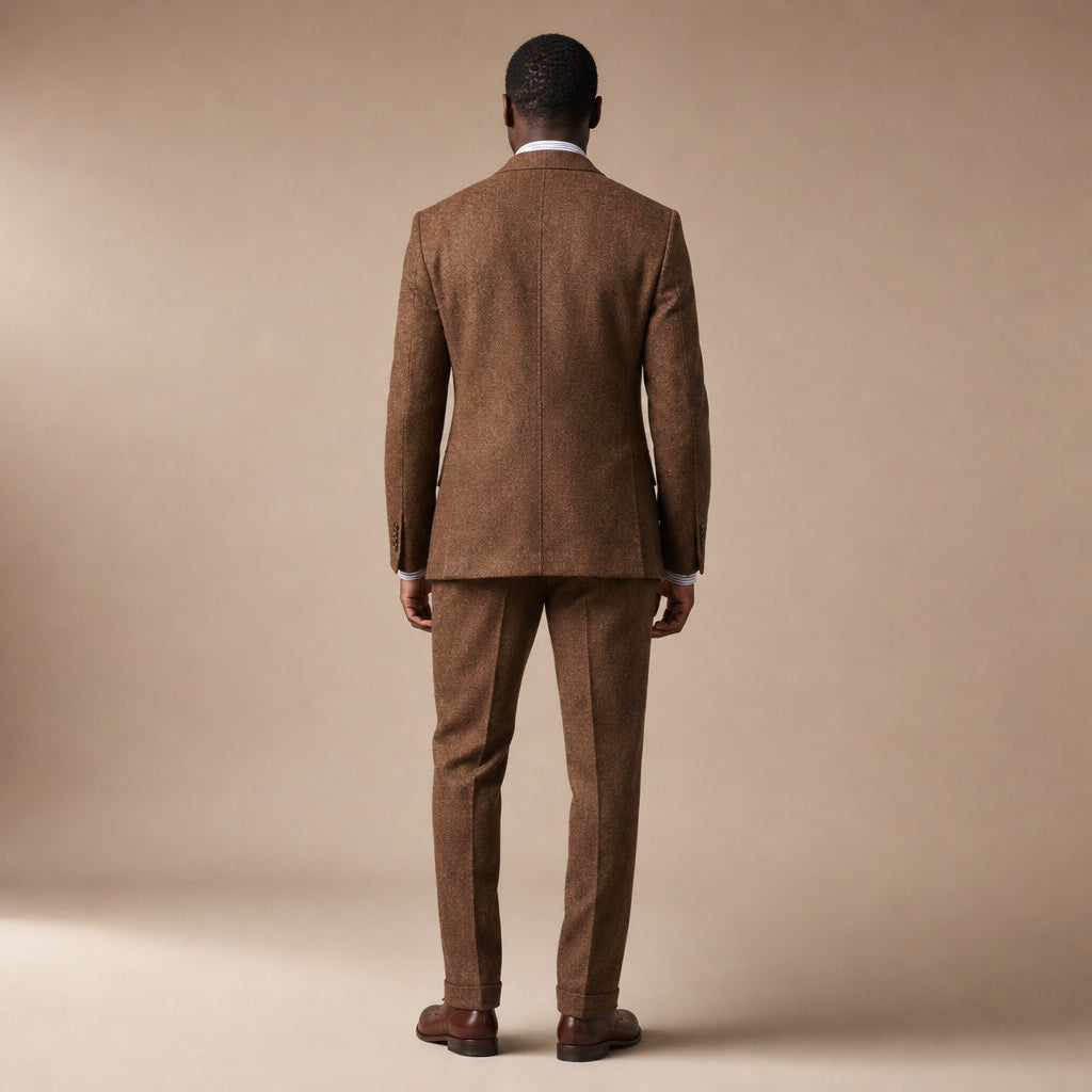 Three Piece Tweed Suit Herringbone Texture Brown – Side Angle View