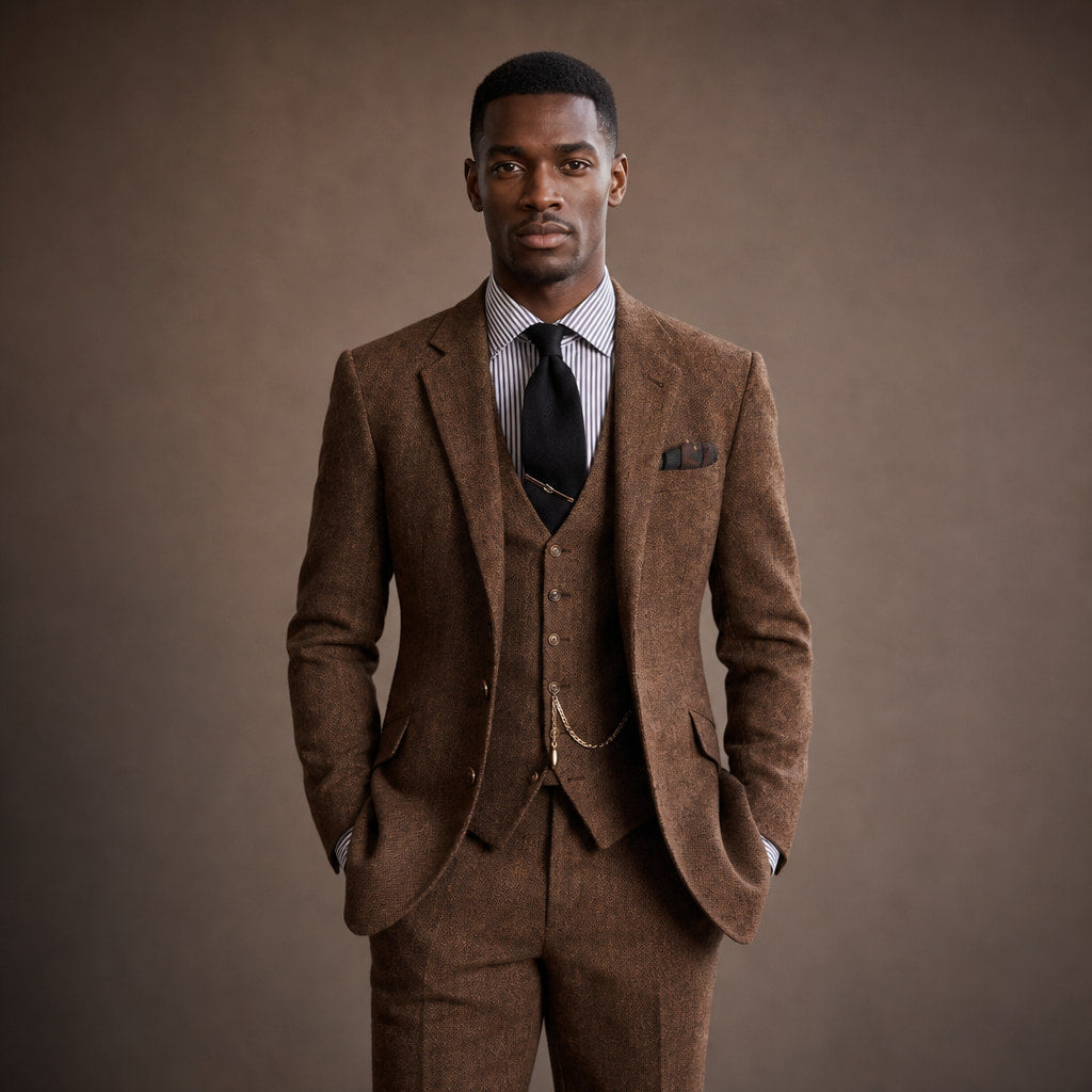Three Piece Tweed Suit Herringbone Texture Brown – Full Look