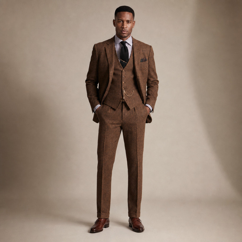 Three Piece Tweed Suit Herringbone Texture in Brown – Enzaco Premium Menswear