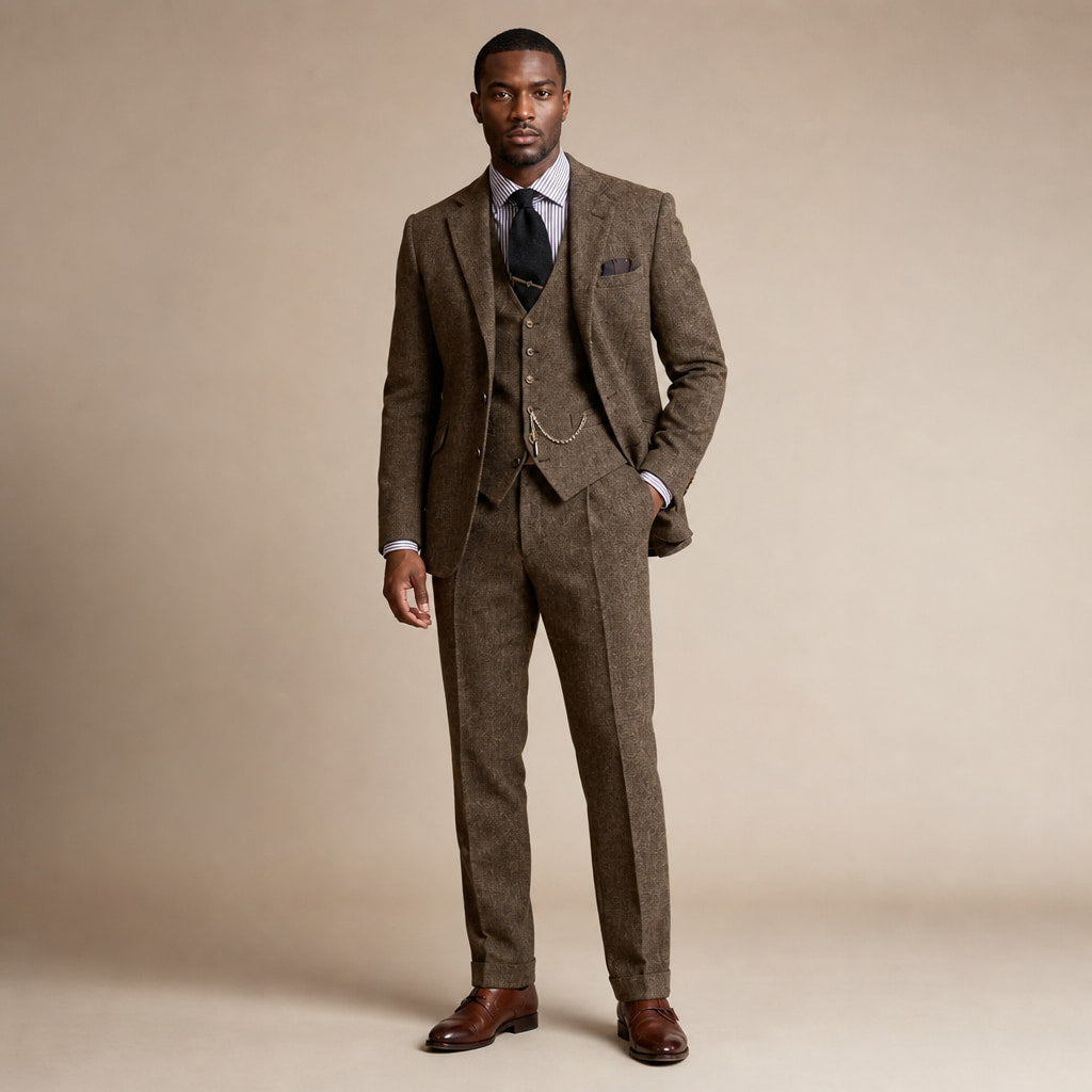Three Piece Tweed Suit Herringbone Texture in Coffee – Enzaco Premium Menswear