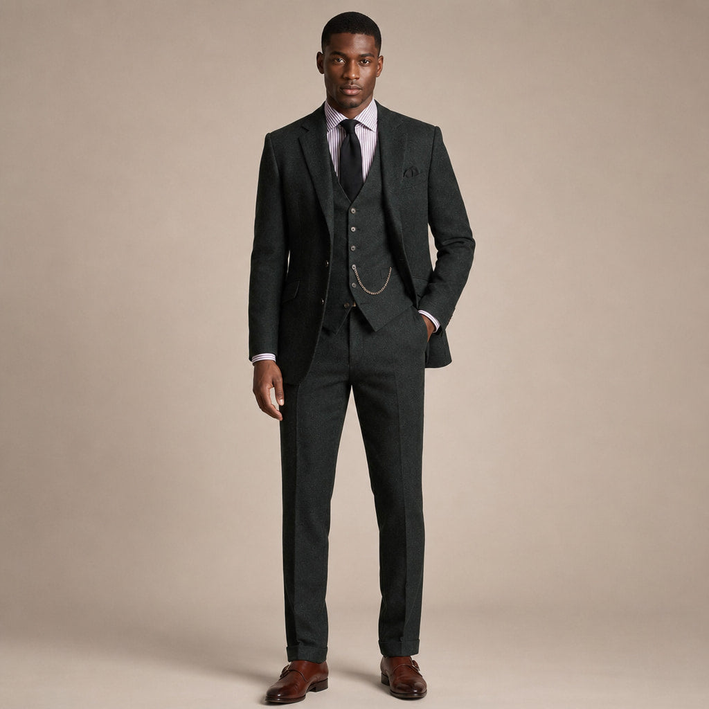 Three Piece Tweed Suit Herringbone Texture in Green – Enzaco Premium Menswear