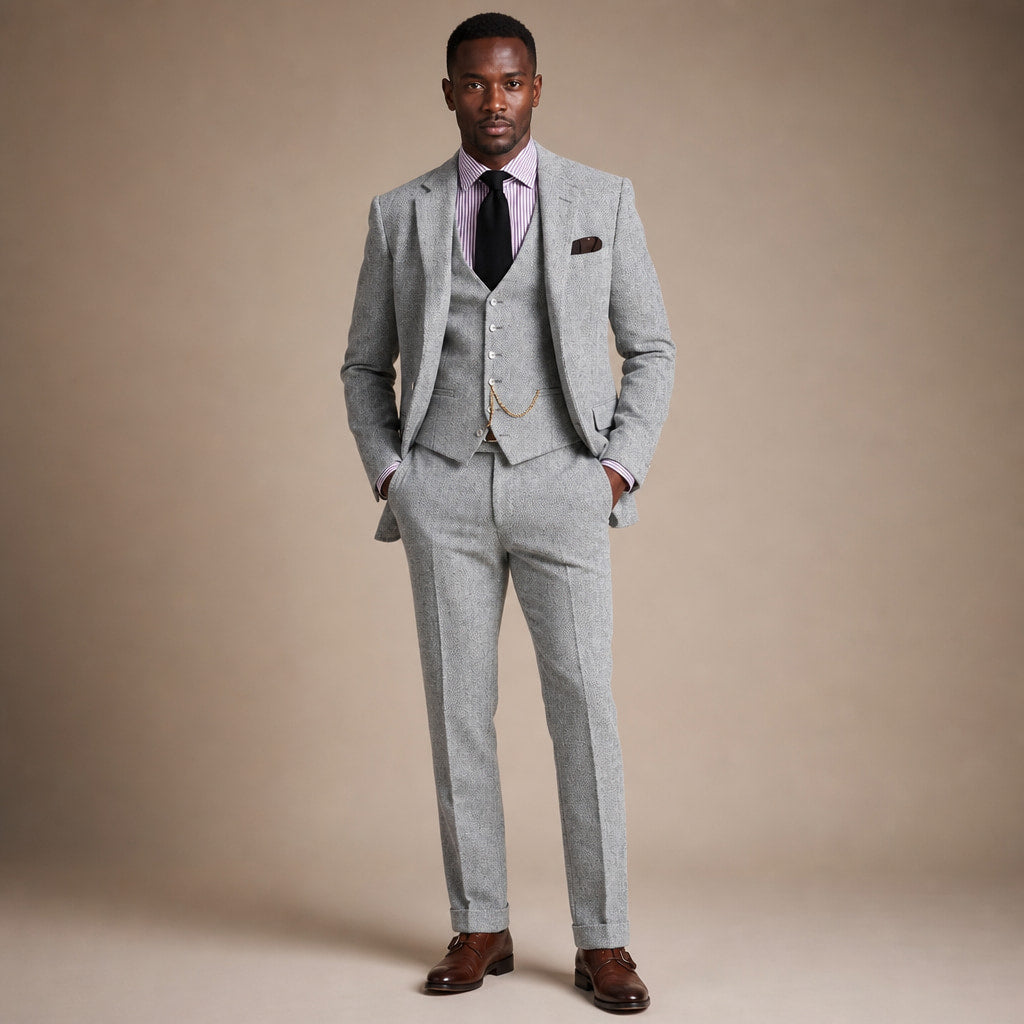 Three Piece Tweed Suit Herringbone Texture in Silver – Enzaco Premium Menswear