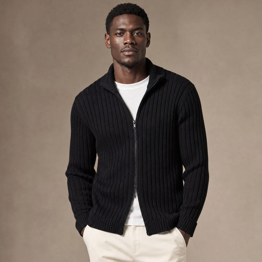 Brusor | Strickpullover Reißverschluss Stehkragen in Schwarz – Premium Editorial