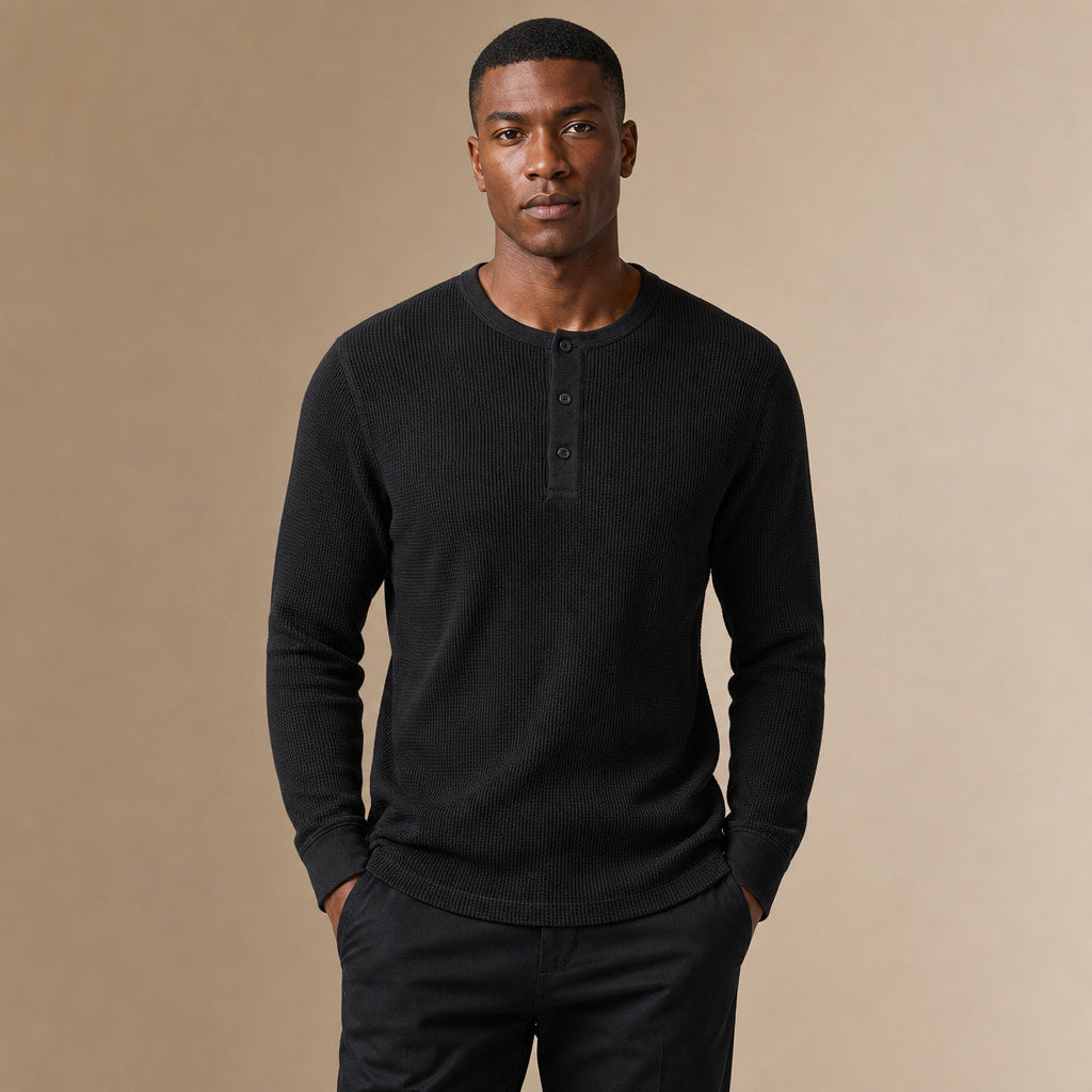 Long Sleeve Henley Waffle Knit Cotton in Black – Enzaco Premium Menswear