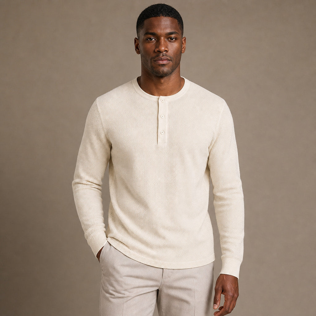 Long Sleeve Henley Waffle Knit Cotton in Ivory – Enzaco Premium Menswear