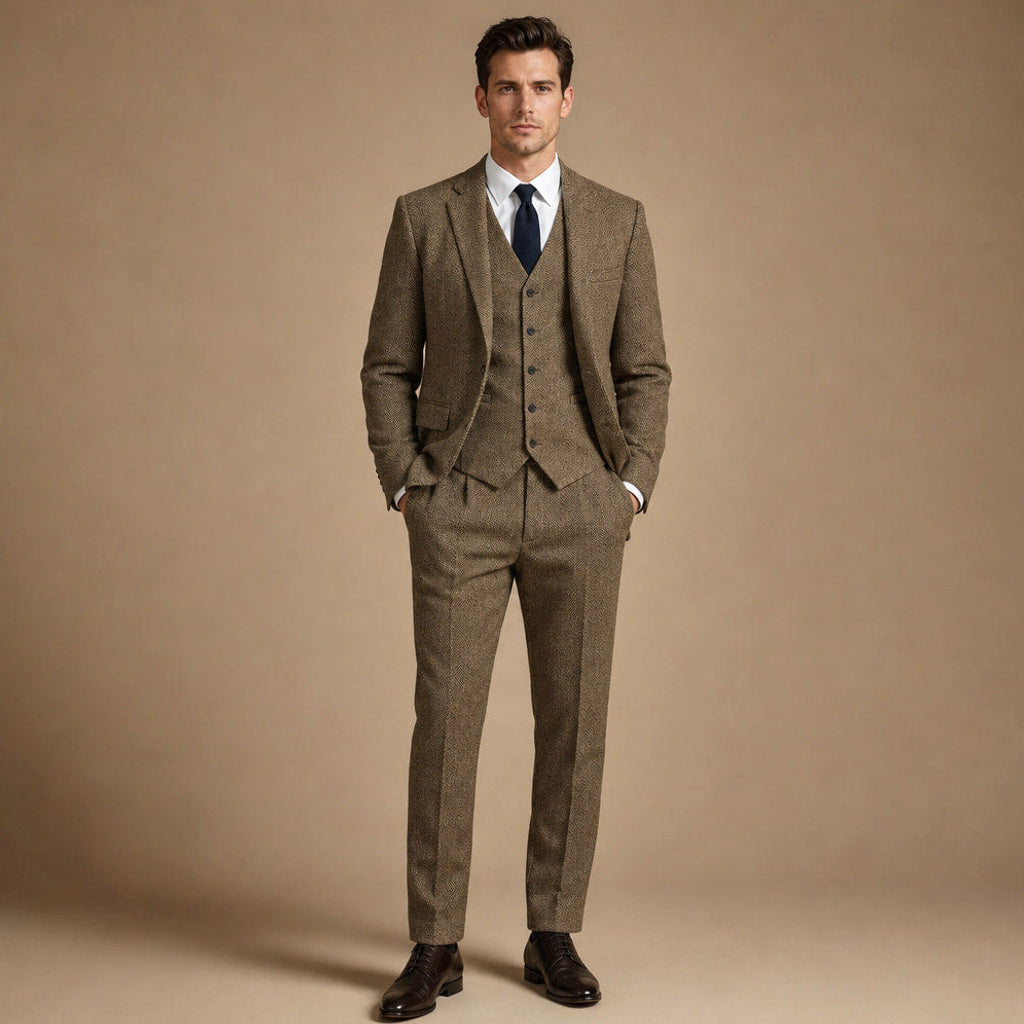 Canron | Weste Fischgrat Einreiher in Khaki – Premium Editorial