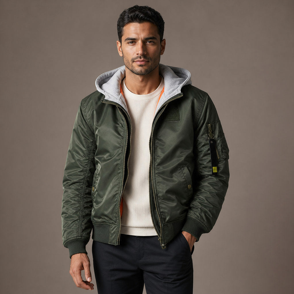 Hooded Bomber Jacket Multi-Pocket Military Style in Military Green – Enzaco Premium Menswear