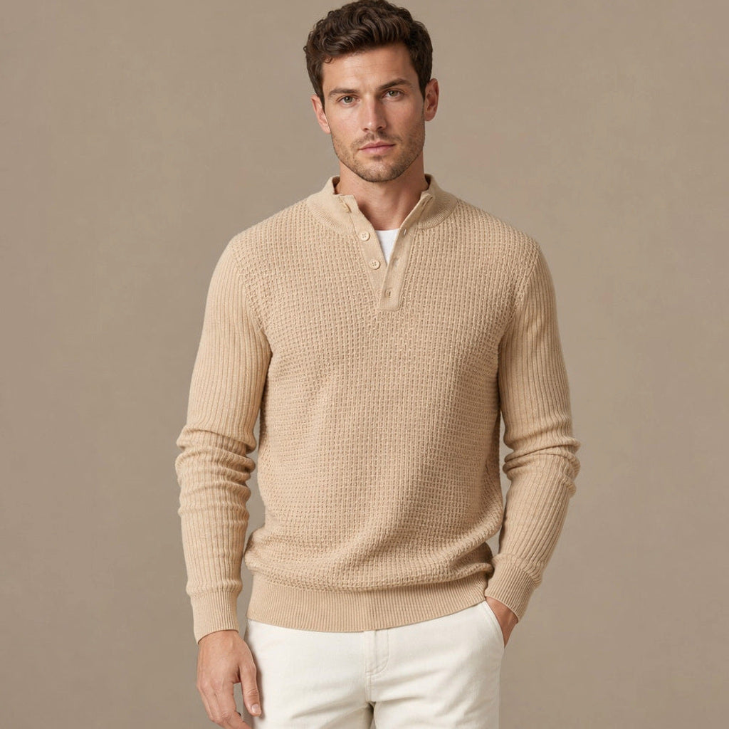 Lewin | Henley-Pullover Waffelstrick Stehkragen in Aprikose – Premium Editorial