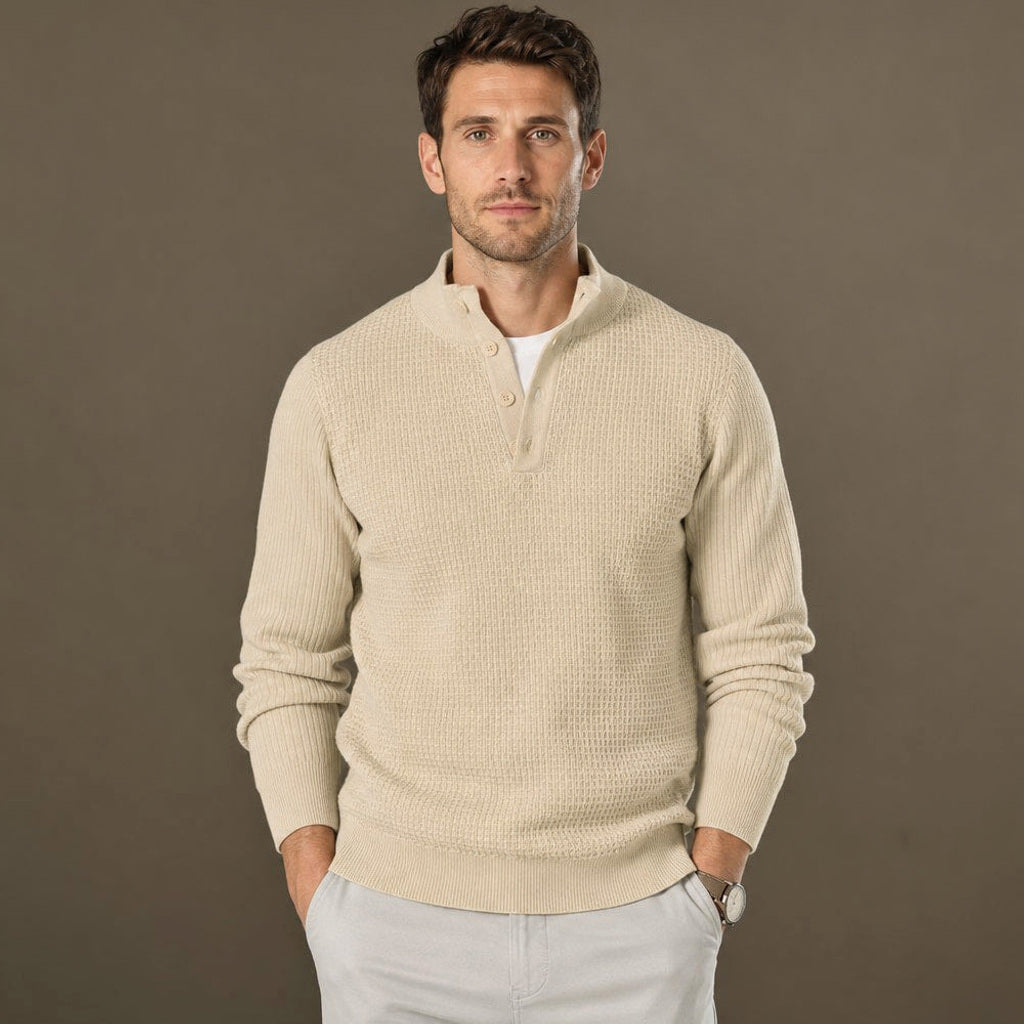 Lewin | Henley-Pullover Waffelstrick Stehkragen in Beige – Premium Editorial