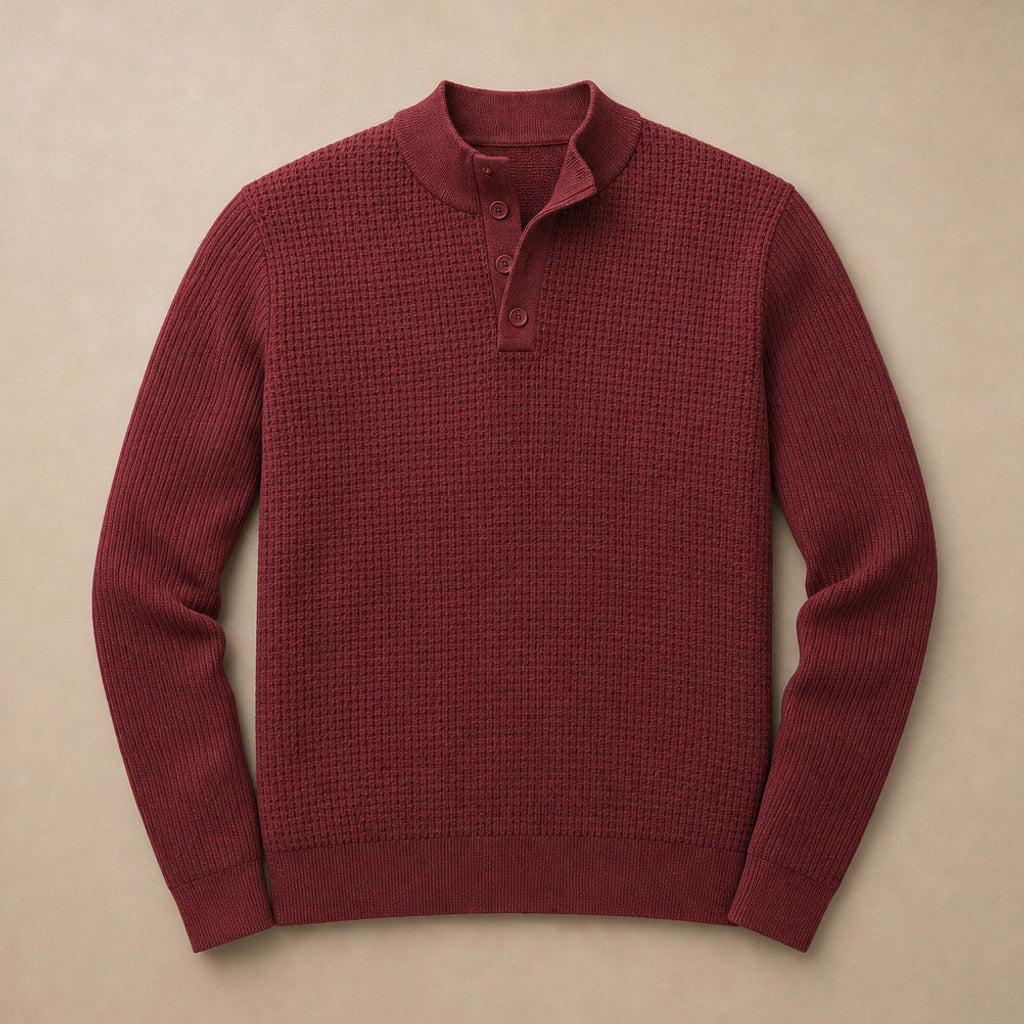 Lewin | Henley-Pullover Waffelstrick Stehkragen Bordeaux – Produktfoto