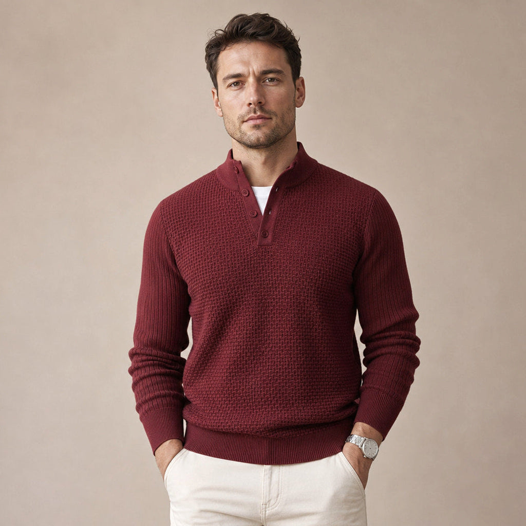 Lewin | Henley-Pullover Waffelstrick Stehkragen in Bordeaux – Premium Editorial