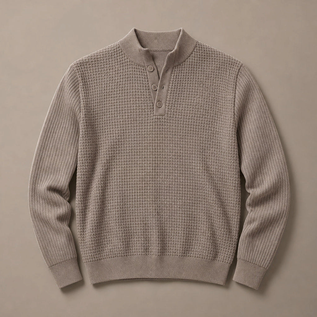 Lewin | Henley-Pullover Waffelstrick Stehkragen Braun/Grau – Produktfoto
