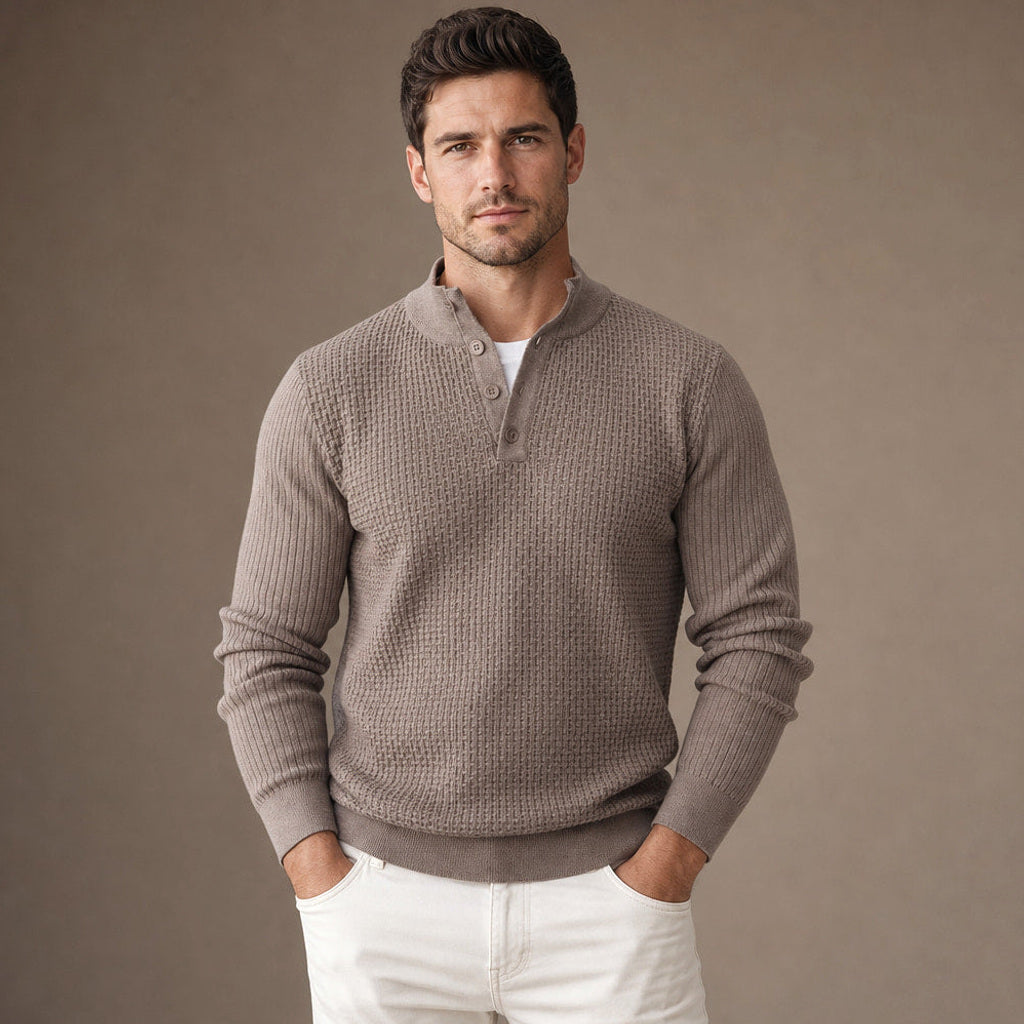 Lewin | Henley-Pullover Waffelstrick Stehkragen in Braun/Grau – Premium Editorial