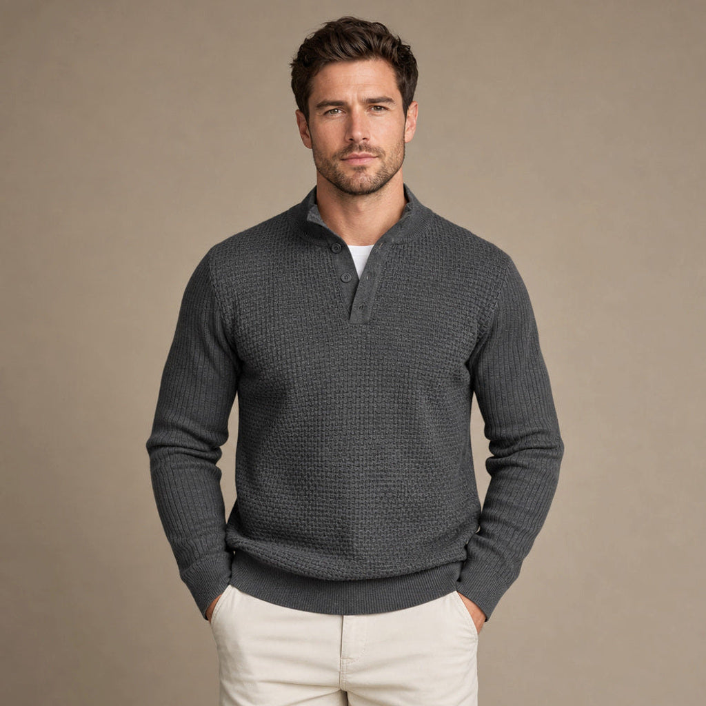 Lewin | Henley-Pullover Waffelstrick Stehkragen in Dunkelgrau – Premium Editorial