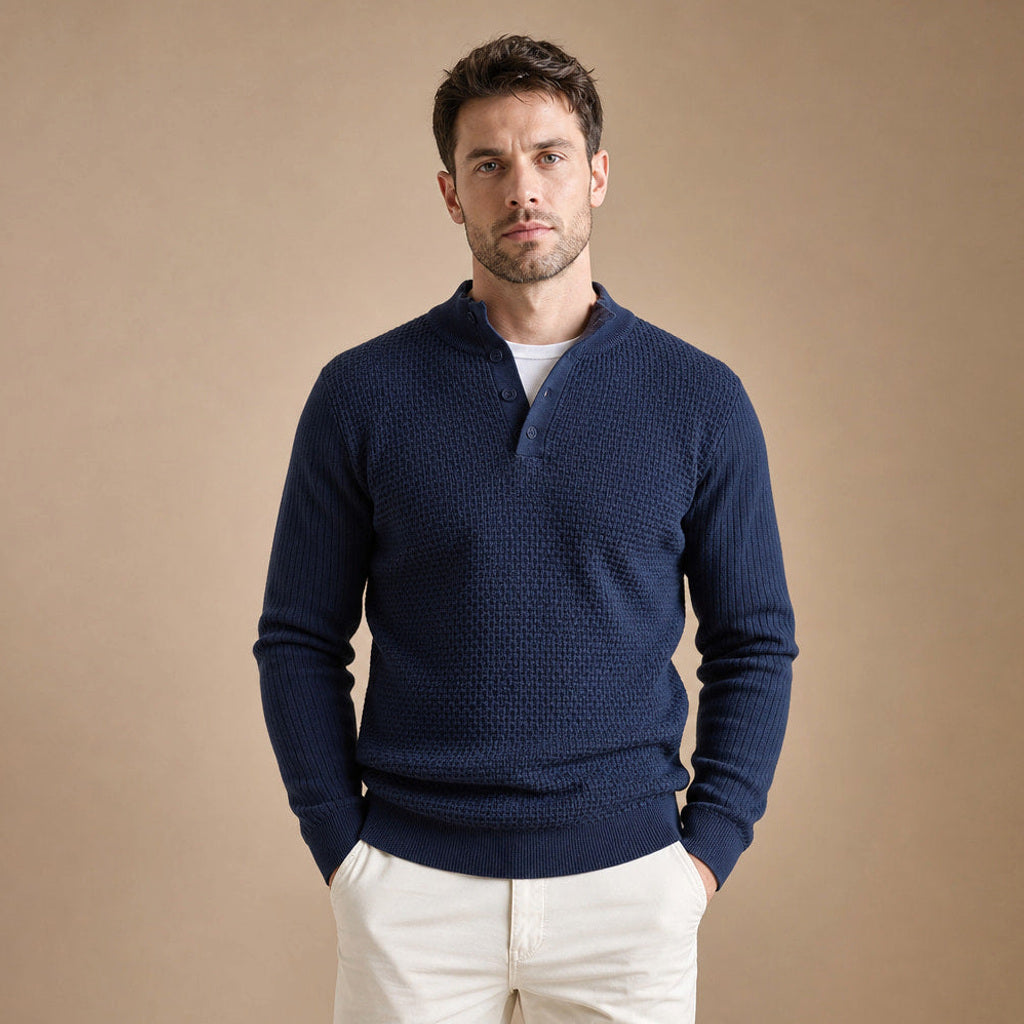 Lewin | Henley-Pullover Waffelstrick Stehkragen in Navy – Premium Editorial