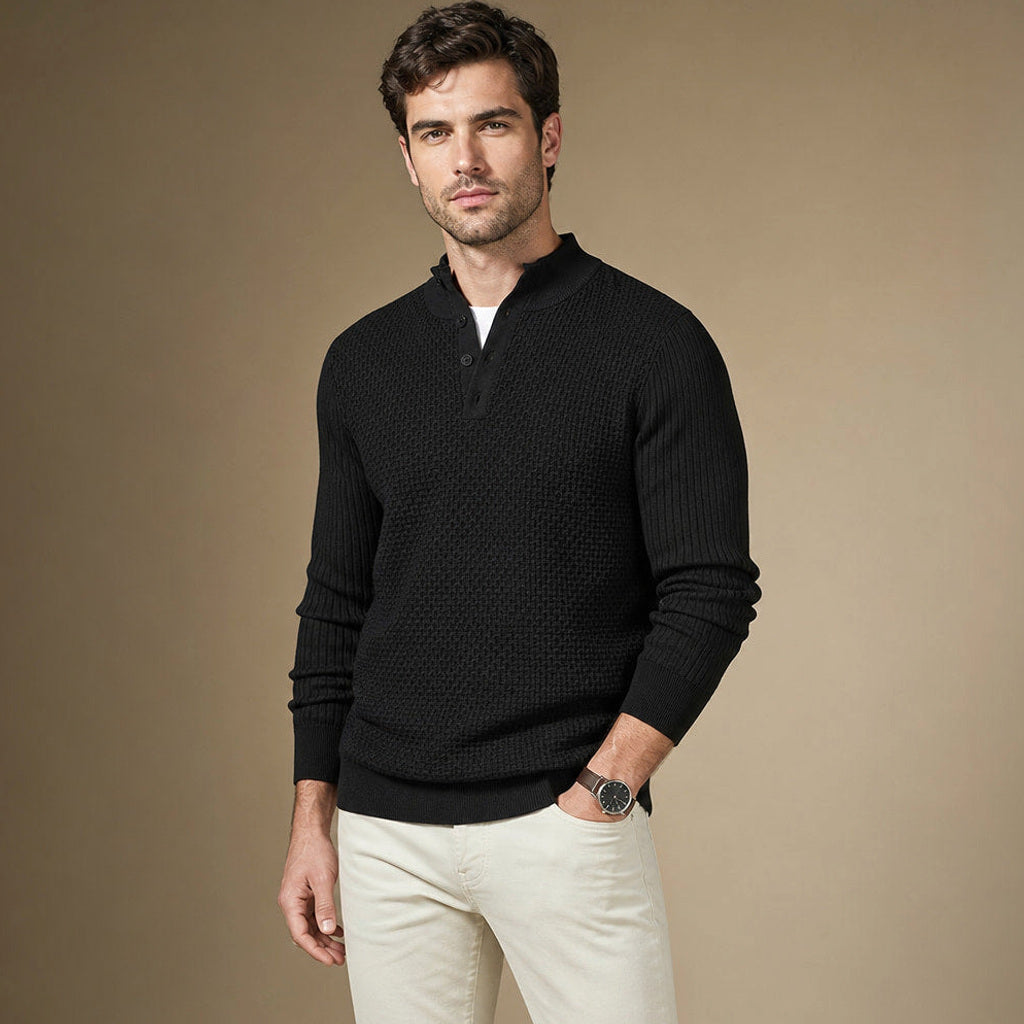 Lewin | Henley-Pullover Waffelstrick Stehkragen Schwarz – Seitenansicht