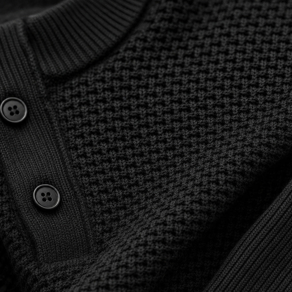 Lewin | Henley-Pullover Waffelstrick Stehkragen Schwarz – Stoff- und Detailaufnahme