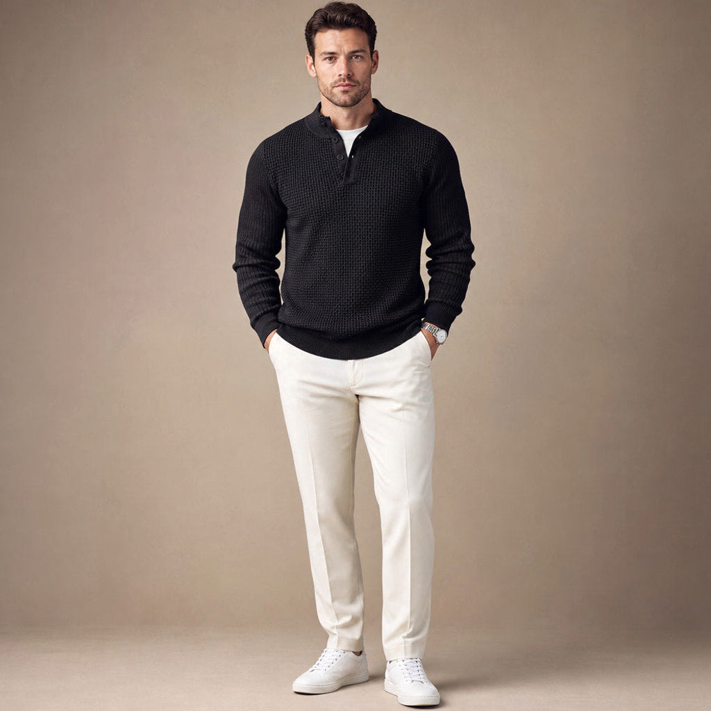 Lewin | Henley-Pullover Waffelstrick Stehkragen Schwarz – Gesamtlook