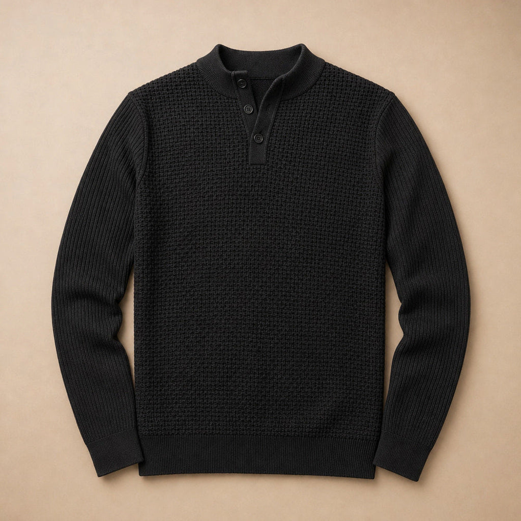 Lewin | Henley-Pullover Waffelstrick Stehkragen Schwarz – Produktfoto